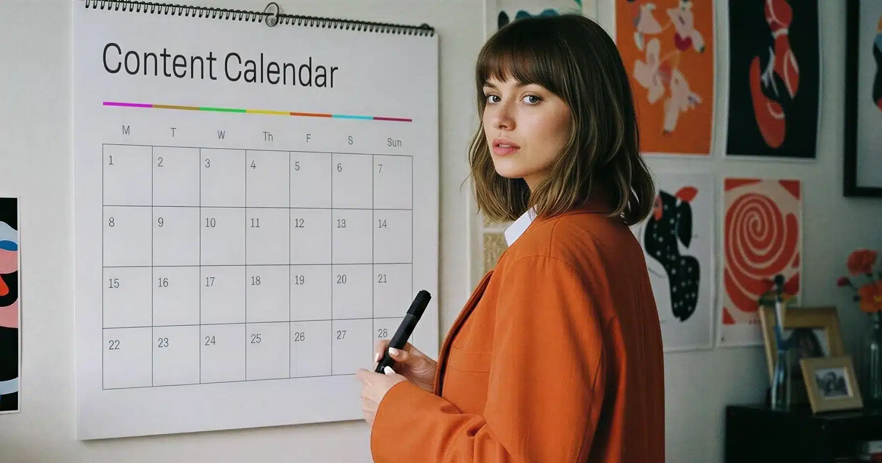 Content calendar planning with a person organizing monthly publishing schedule