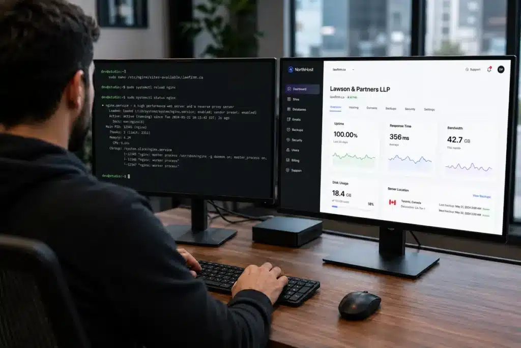 Developer monitoring website migration process on computer screens with server settings and performance data.