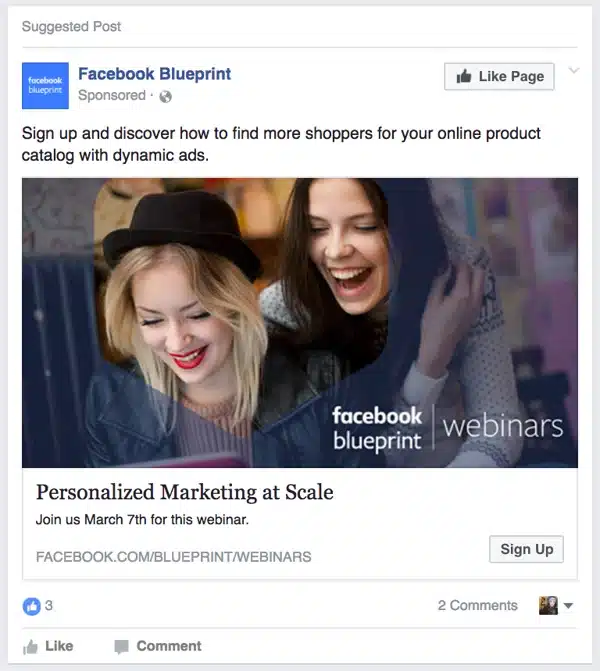 Facebook sponsored post promoting a webinar and personalized marketing.