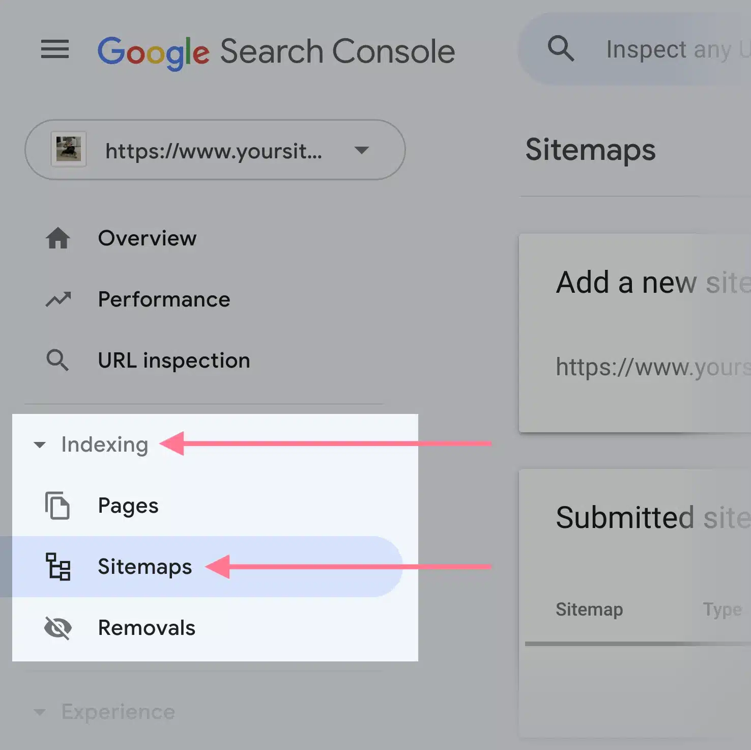 Google Search Console sitemap submission page showing indexing menu.