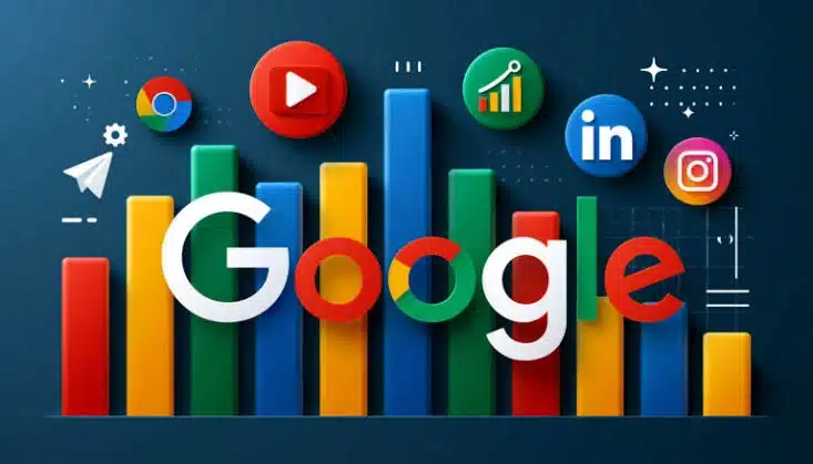 Google logo with social media and analytics icons representing digital marketing performance.