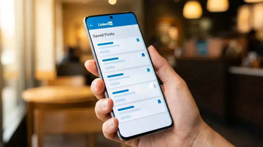 Hand holding a smartphone displaying LinkedIn saved posts feature for managing bookmarked content.