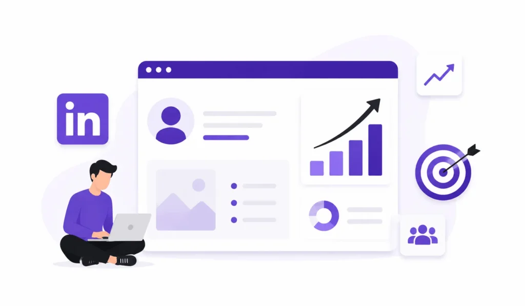 Illustration of a LinkedIn profile dashboard with analytics, growth charts, and target icons.