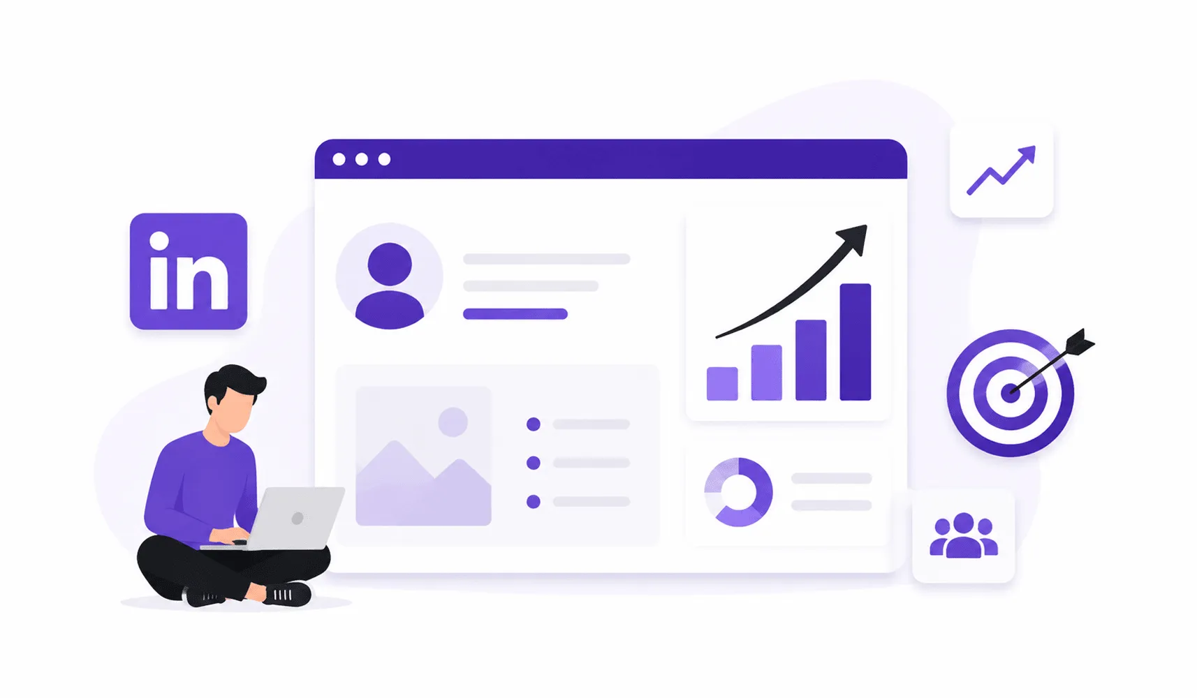 Illustration of a LinkedIn profile dashboard with analytics, growth charts, and target icons.