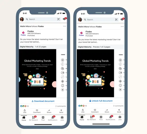 LinkedIn lead generation ad showing a downloadable marketing document.
