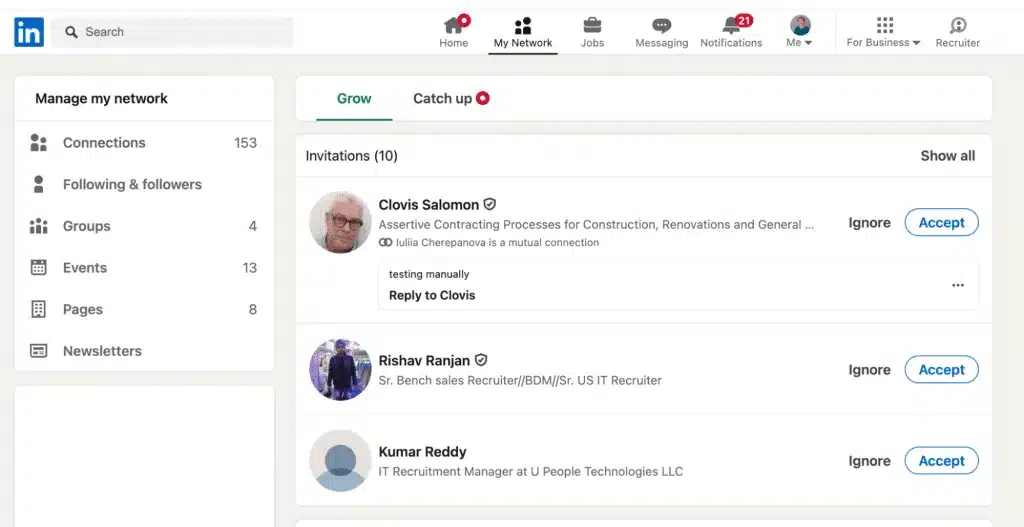 LinkedIn network invitations and connections page to increase linkedin followers