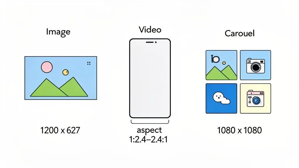 LinkedIn post format guide showing recommended sizes for images, videos, and carousel posts.