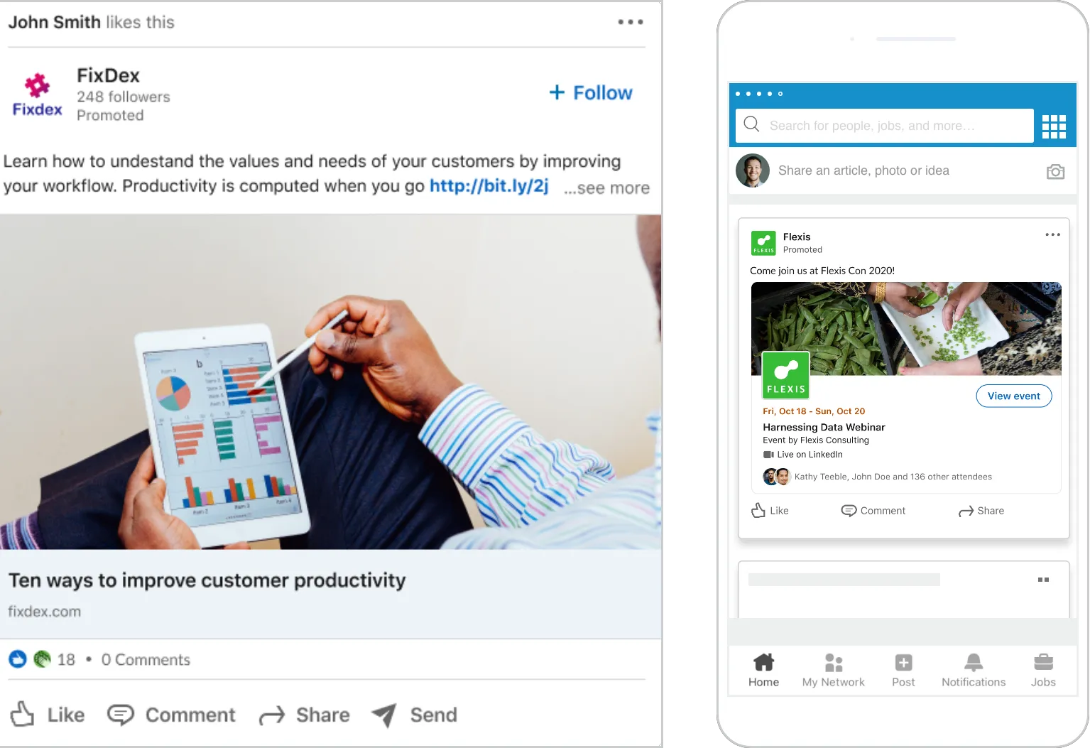 LinkedIn posts on desktop and mobile.