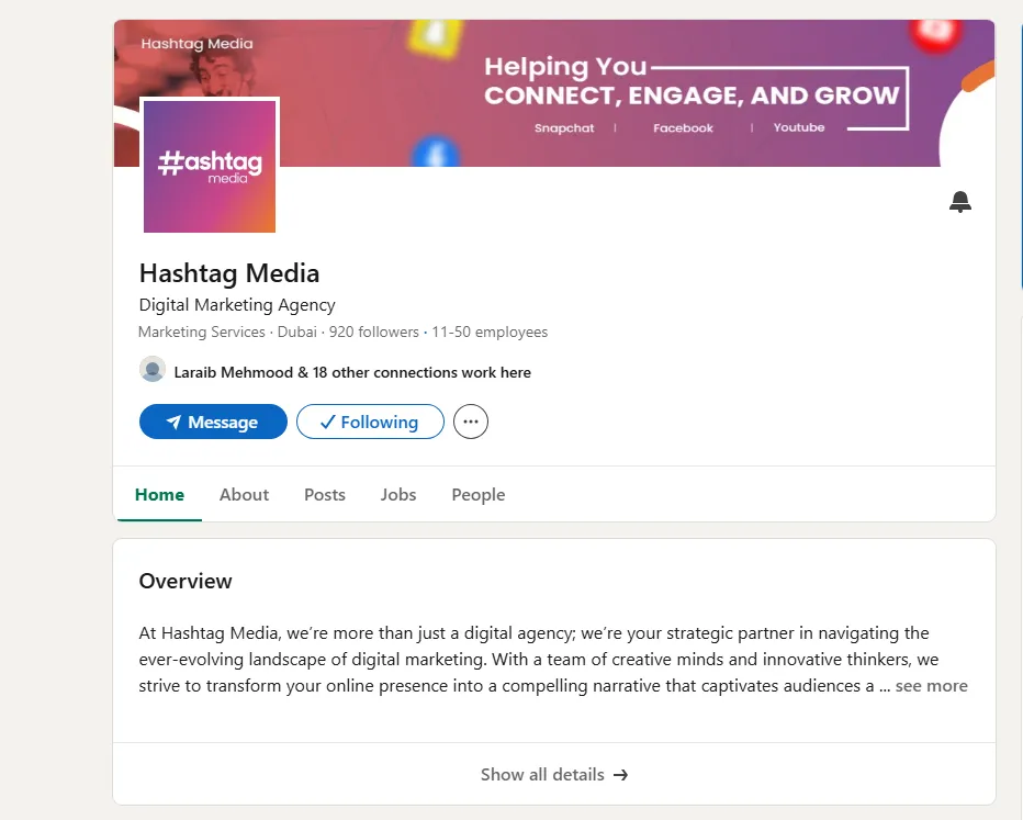 LinkedIn profile page for Hashtag Media, a digital marketing agency.
