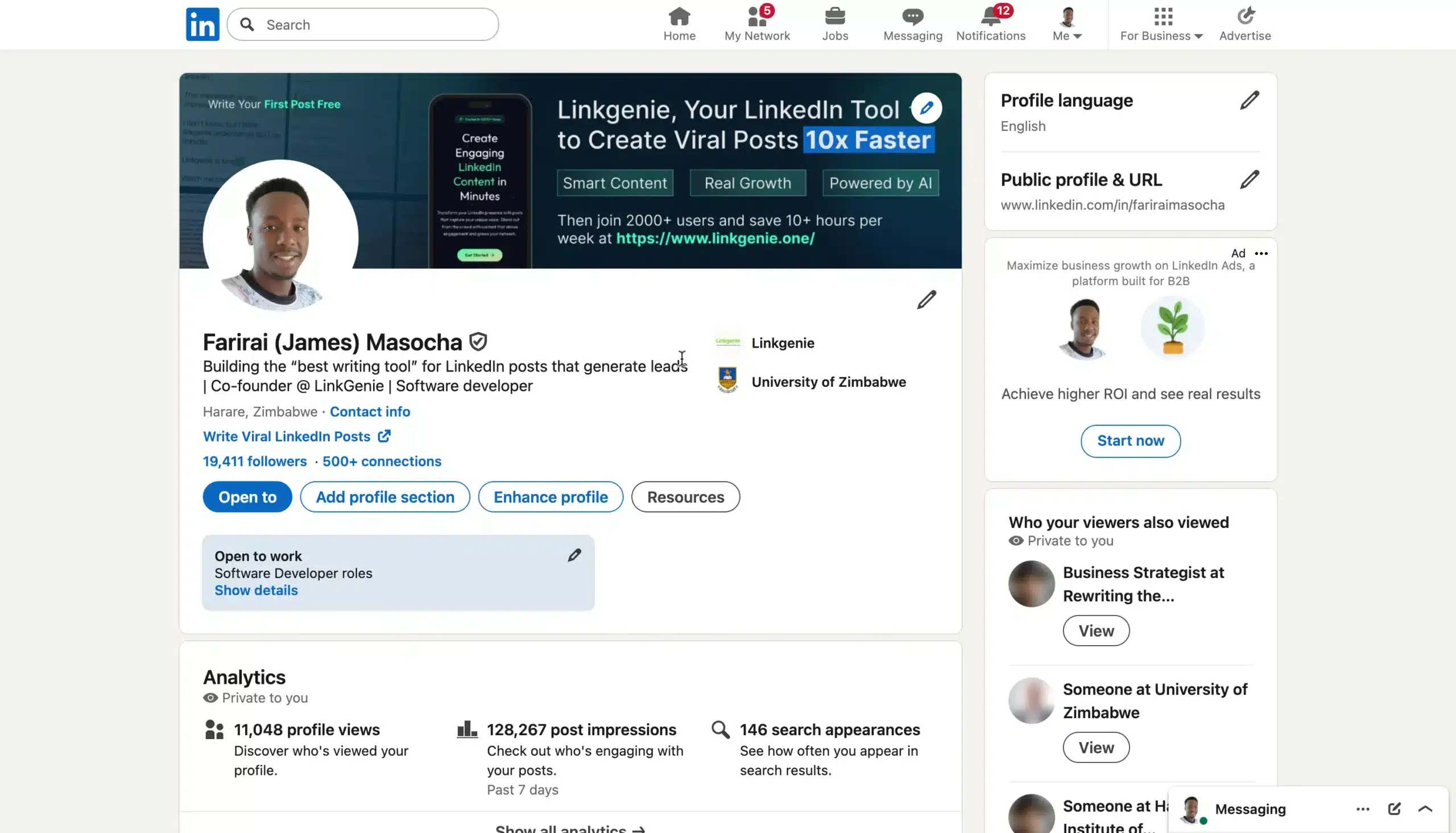 Optimized LinkedIn profile with branding and analytics.