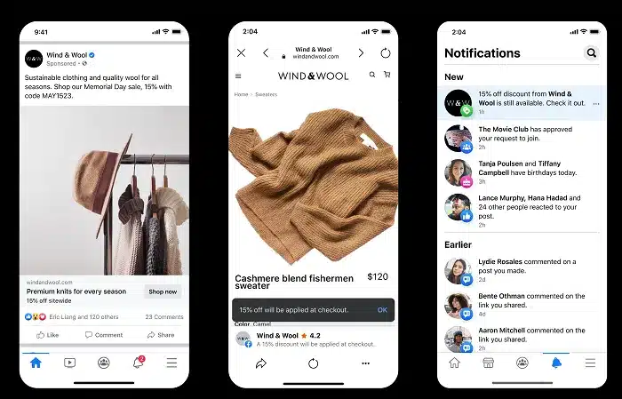 Social media shopping ads showing product discovery and customer engagement on mobile.