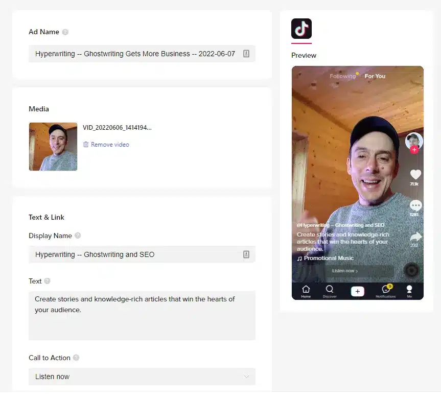 TikTok ad campaign setup showing video preview and promotional text.