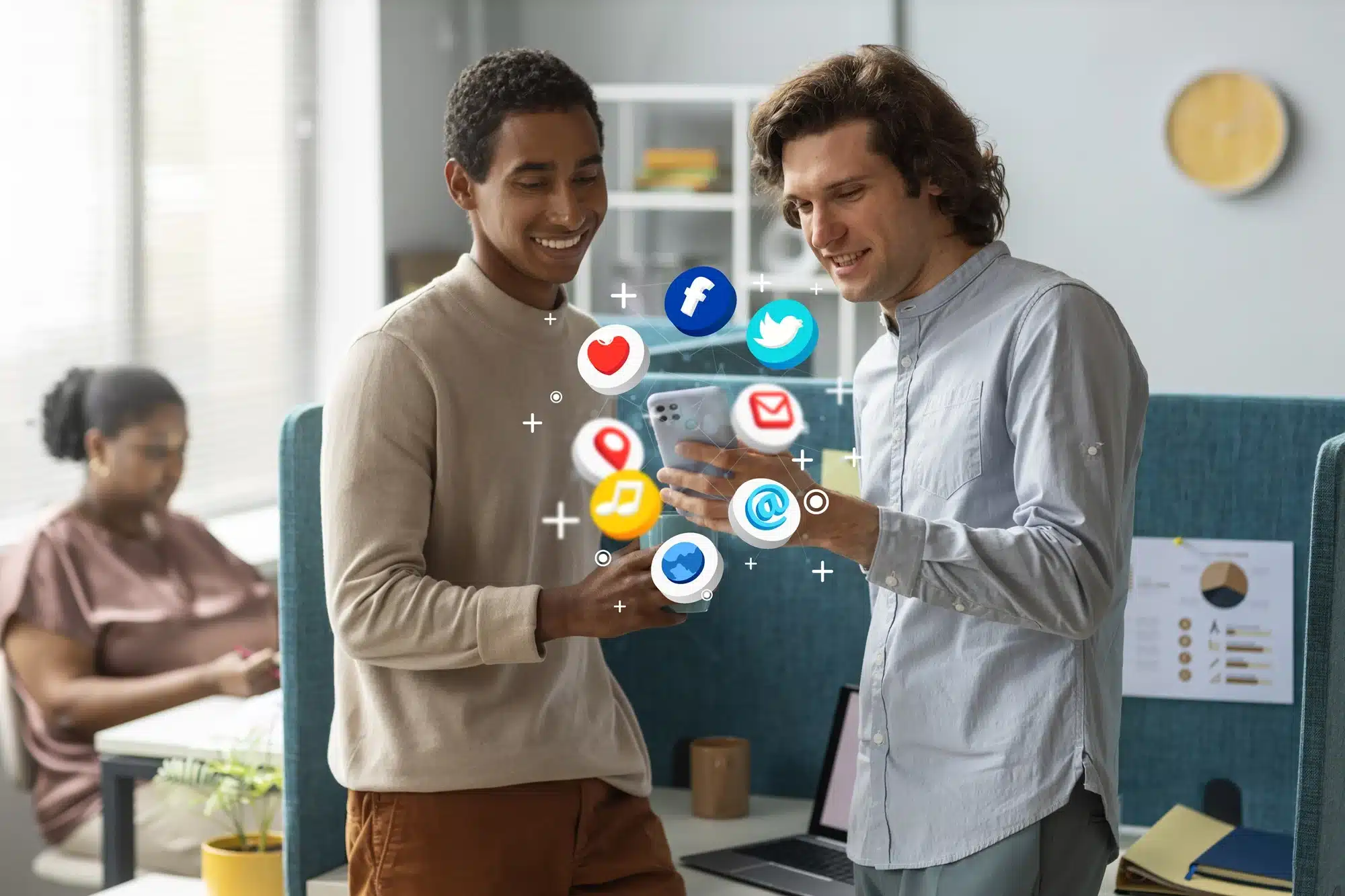 Two people using a smartphone with social media icons in a digital marketing setting.