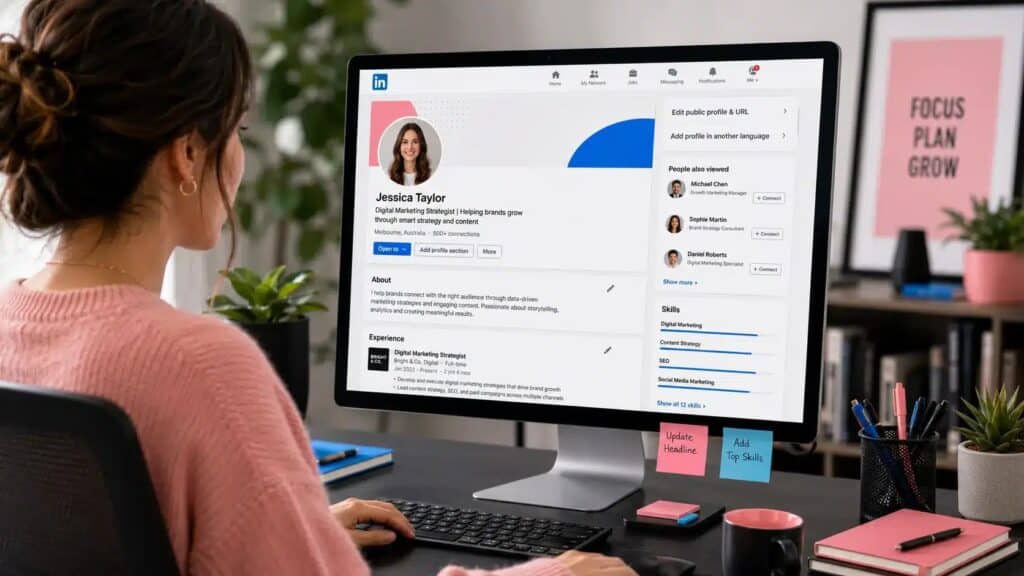 Woman managing a LinkedIn profile on a desktop computer.