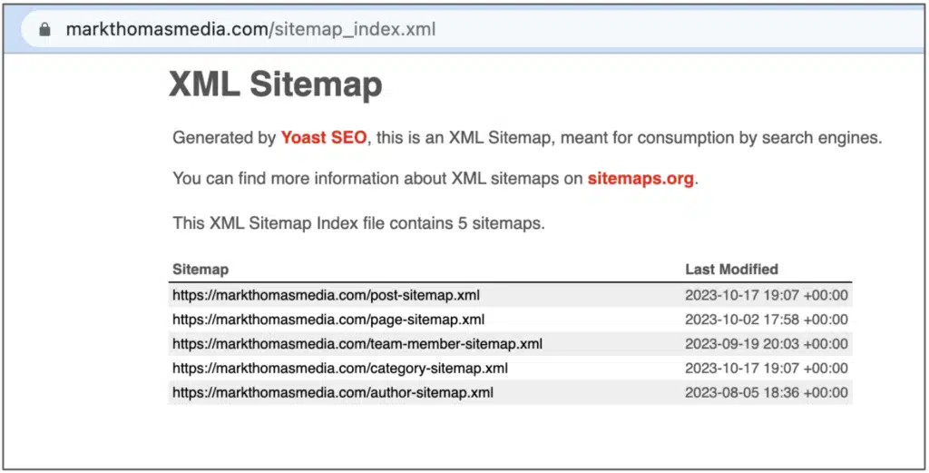XML sitemap index page showing website sitemap files and last modified dates.