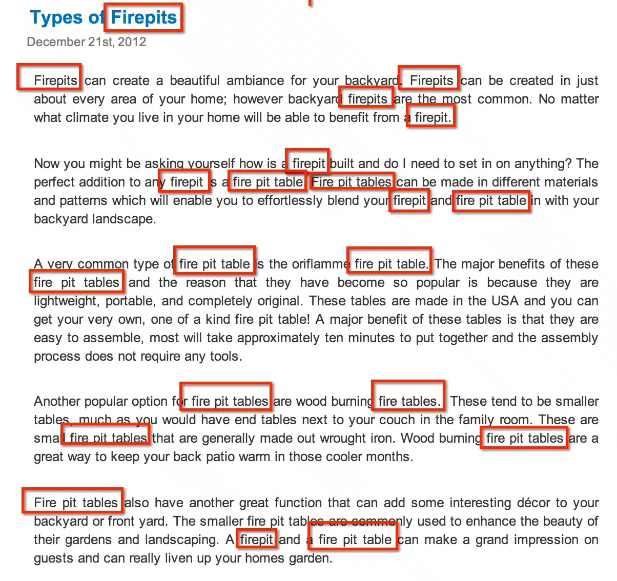 Article screenshot highlighting repeated firepit keywords