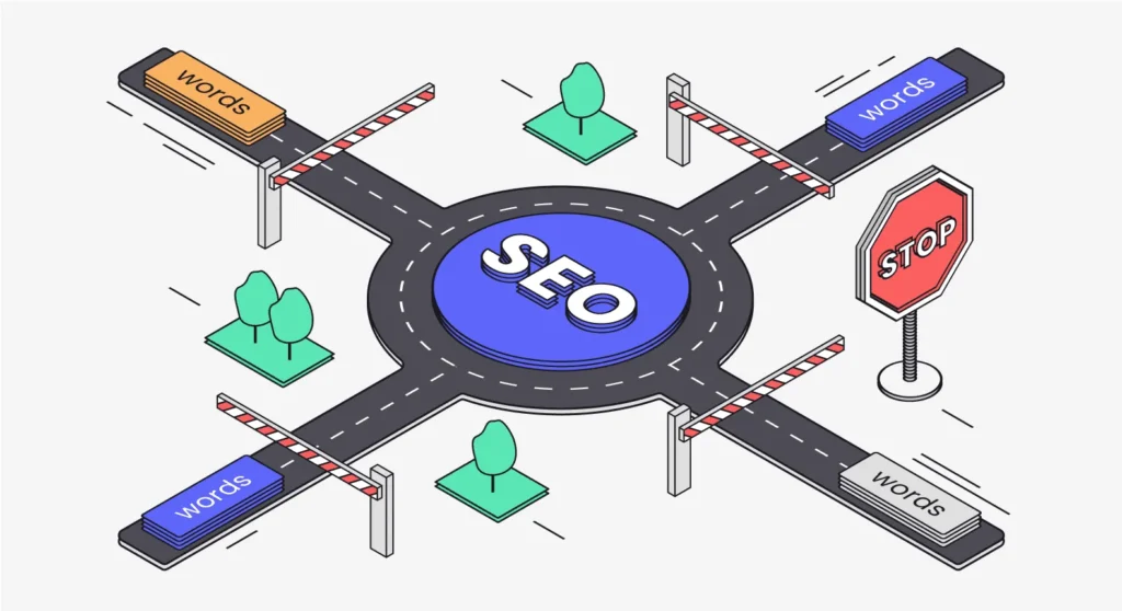 SEO illustration showing stop words and keyword paths around an SEO concept.