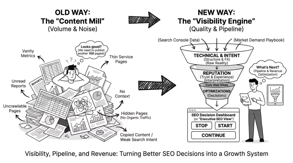 SEO infographic comparing old content methods with a new visibility-focused SEO strategy.