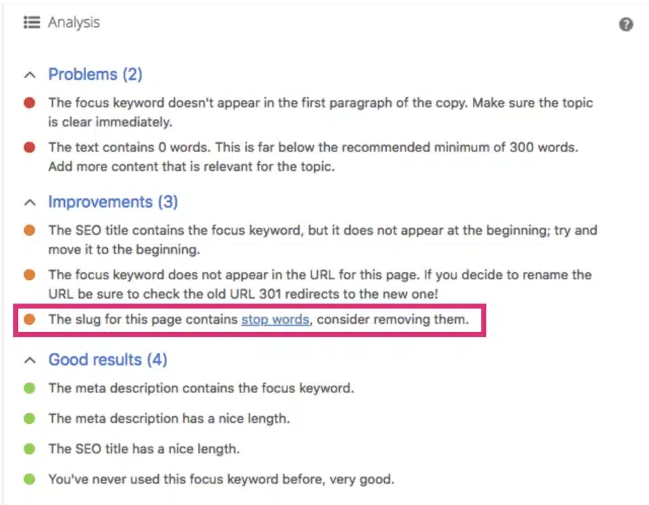 SEO plugin analysis showing a warning about stop words in a page slug.