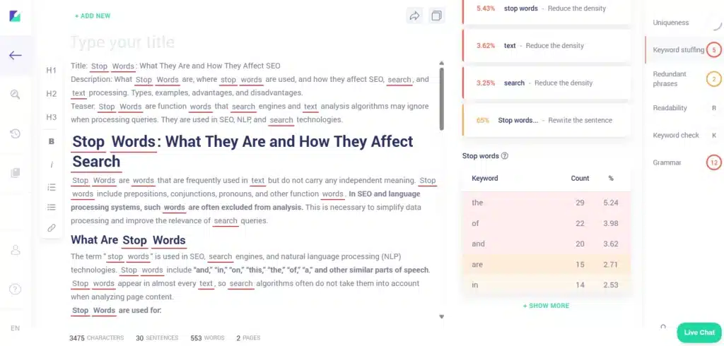 SEO writing tool analyzing stop words, keyword density, and content optimization metrics.