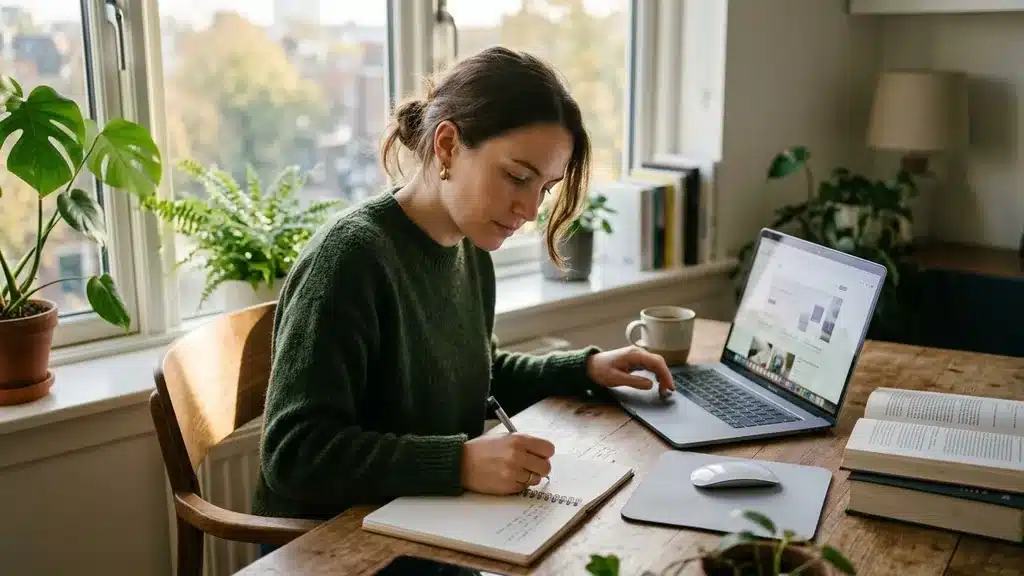 Woman researching SEO strategies on laptop and taking notes