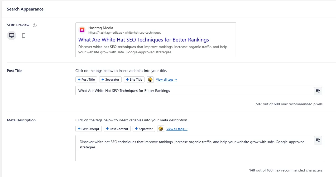 on page SEO settings