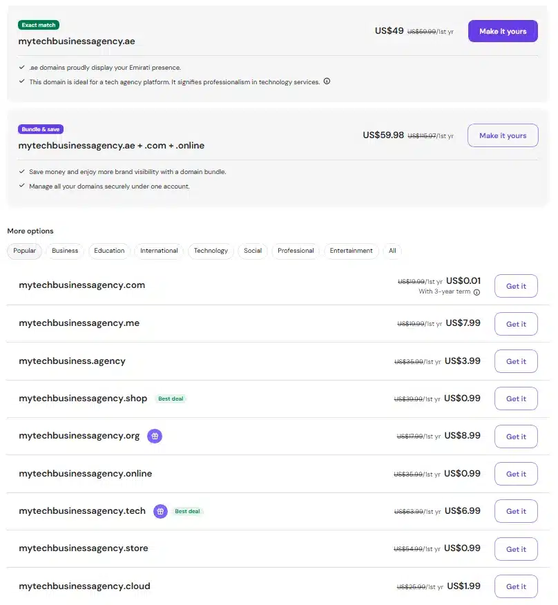 Domain search results showing available .net vs .com, and other domain extensions.