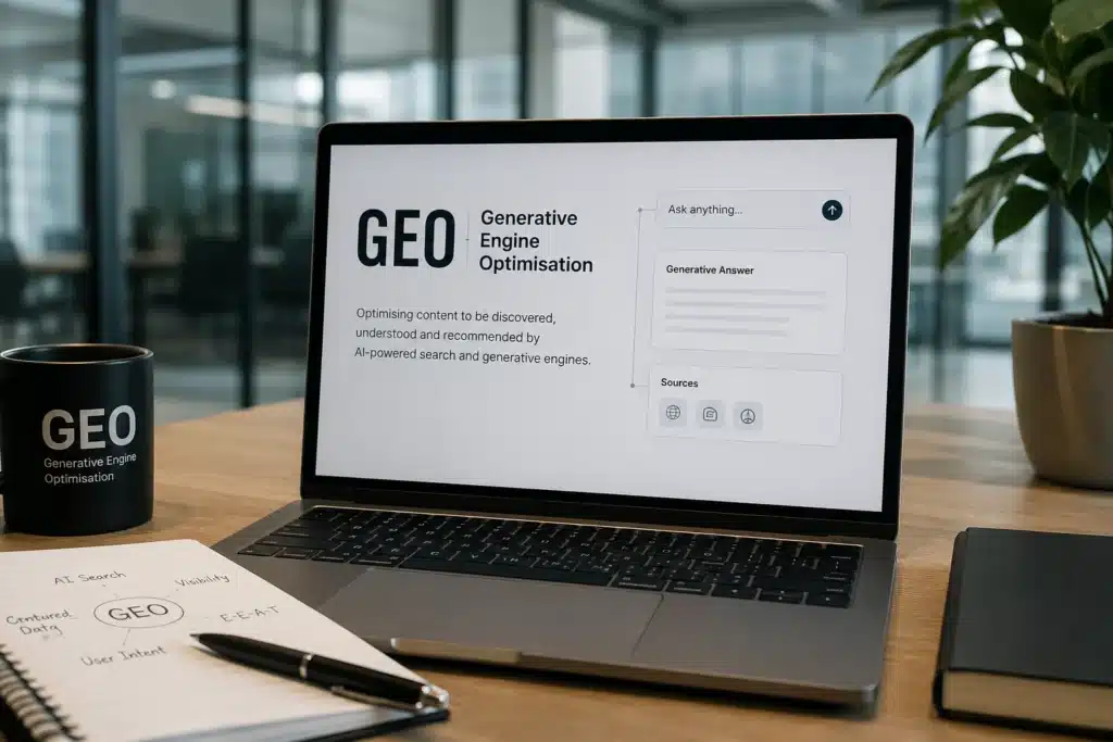 Generative Engine Optimization displayed on a laptop with AI search and GEO strategy notes.