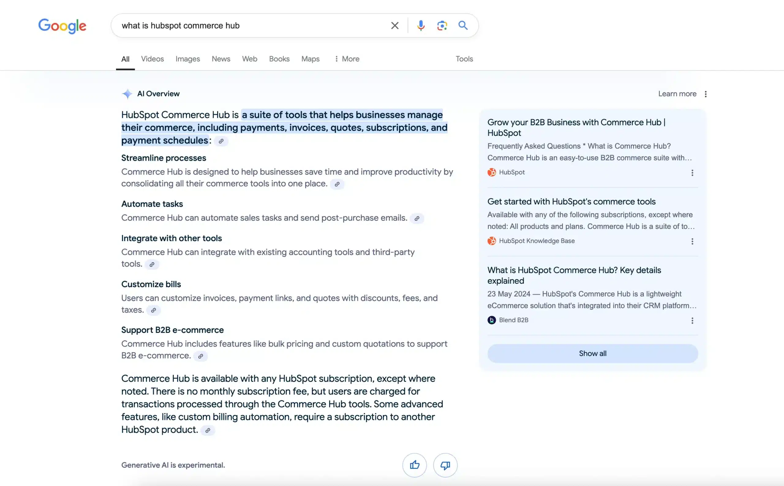 Google AI Overview for HubSpot Commerce Hub search results.