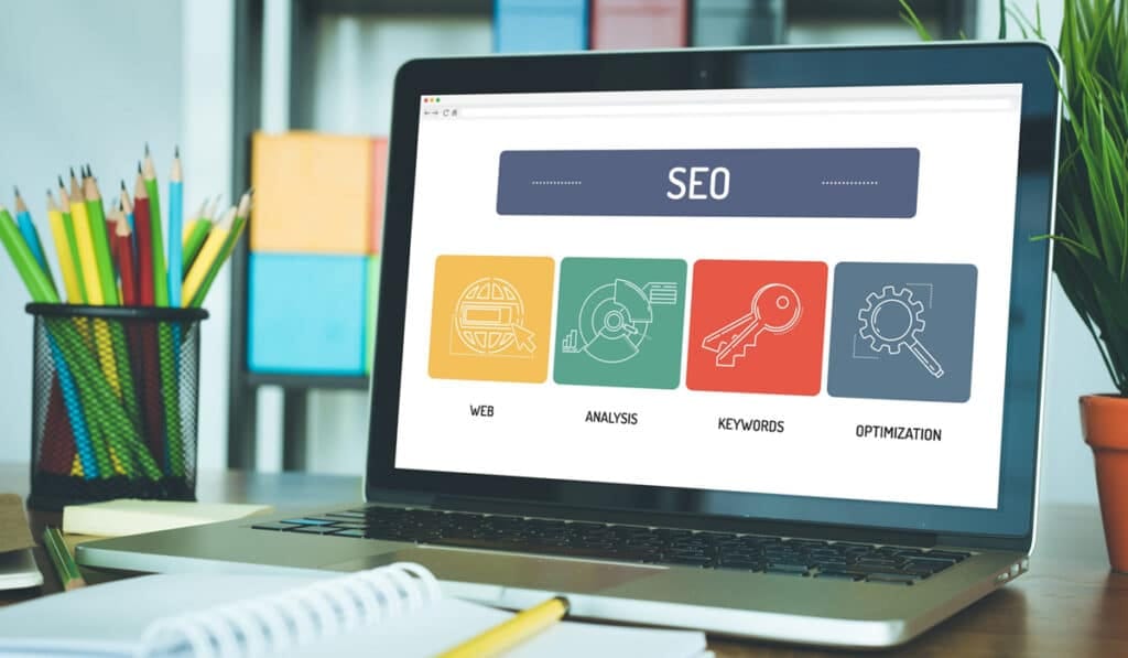 SEO analysis and keyword optimization displayed on a laptop screen.