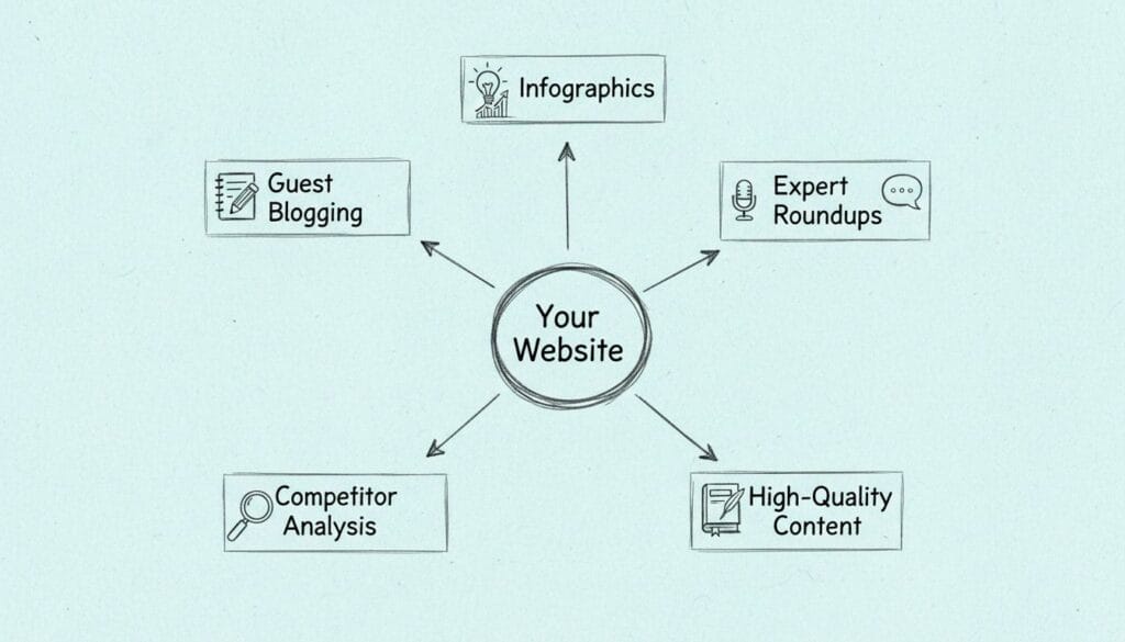 Diagram showing SEO link-building strategies, including guest blogging, infographics, and quality content.