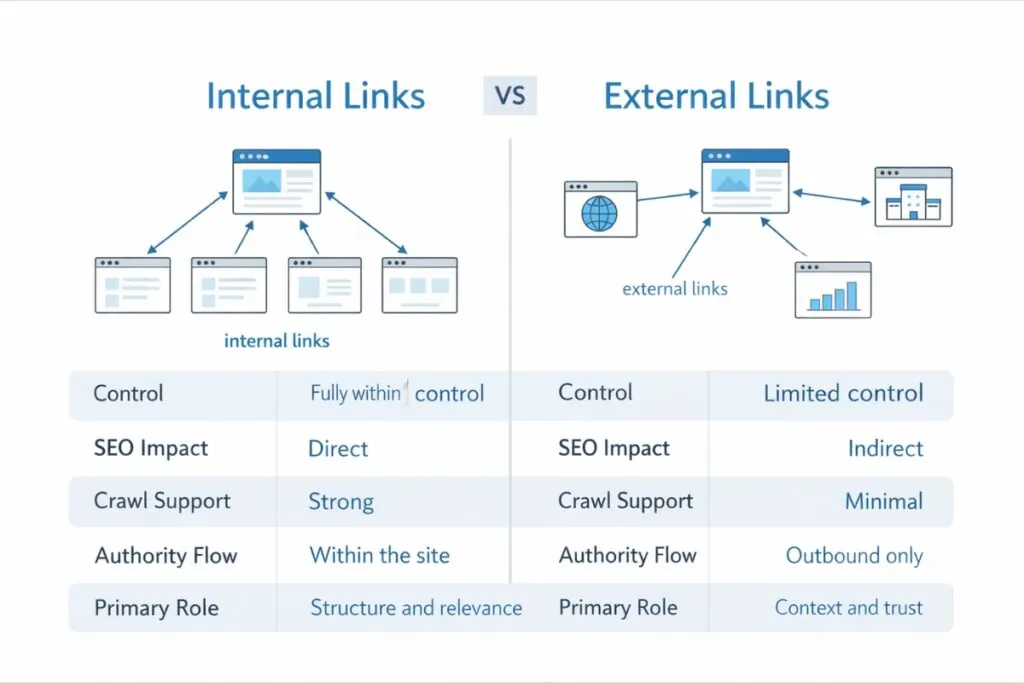 Infographic comparing internal vs external links by SEO impact, control, crawl support, and authority flow.